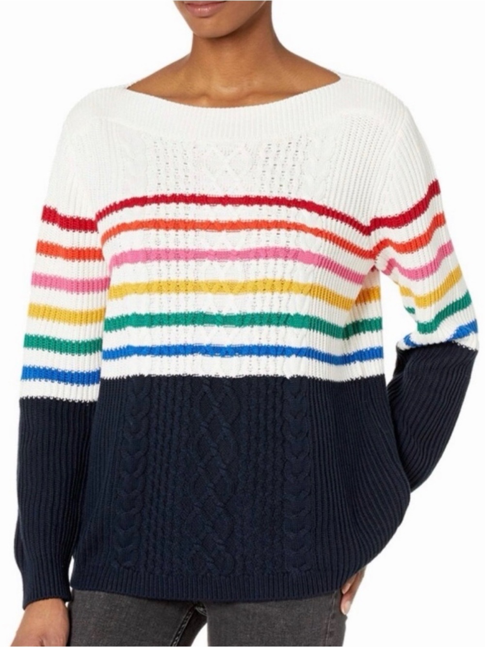 Tommy Hilfiger Cream Cable Knit Off-Shoulder Sweater with Rainbow Stripes